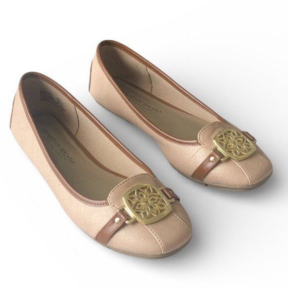 Christian Soriano for PL Tan Flat Womens Shoes with Gold Emblem Detail on Toes 7 - Picture 2 of 9
